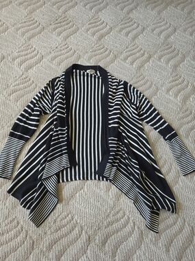 100% Cotton Black & White Striped Women's Open-Front Cardigan Sweater